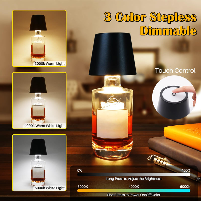 Wireless Bottle Lamp, Adjustable Brightness 3 Color Wine Bottle Light with 2500 mAh Battery, Touch Control Rechargeable Metal Waterproof Table Lamp for Dining Room/Bedroom/Bar, Black Black 3 Color 1PCS