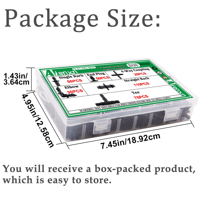 340PCS 1/4" Drip Irrigation Kit Barbed Connectors, Straight Barb, Tee, Single Barb, End Plug, Elbow, 4 Way Coupling Irrigation Fittings for Garden Lawn Flower Pot 340pcs