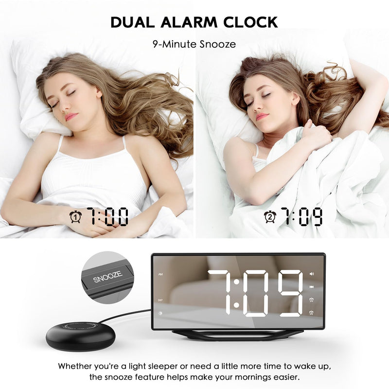 OnLyee Vibrating Alarm Clock with 8.7” LED Mirror for Heavy Sleepers & Hearing Impaired, Bed Shaker & 3 Wake-Up Modes, Dual Alarms, USB Charging, Adjustable Brightness, Snooze Function Black+Bed Shaker