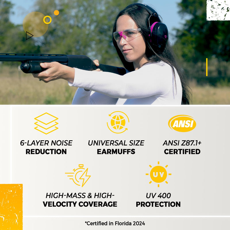 TradeSmart All-in-One Shooting Ear Protection - Comfort+ NRR 28 Earmuffs, Glasses & Earplugs + Carry Case Clear Glasses - Grey
