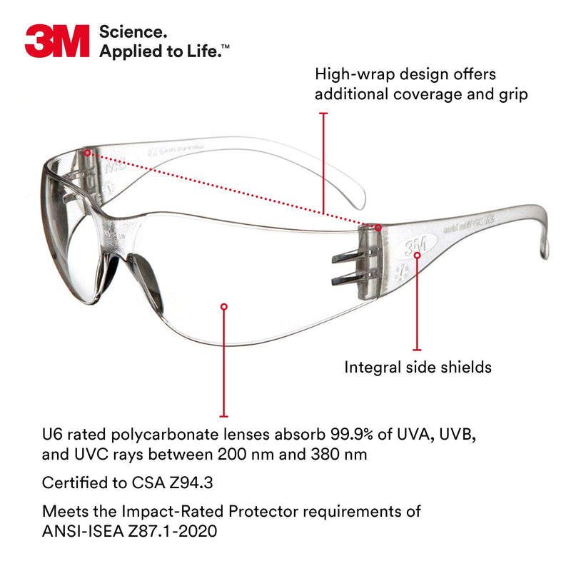 3M Safety Glasses, Virtua, 20 Pair, ANSI Z87, Unisex, Anti-Fog, Scratch Resistant, Clear Lens, Clear Frame, Affordable Eye Protection, Lightweight, Wraparound Coverage Pack of 20 Anti-fog, Anti-scratch