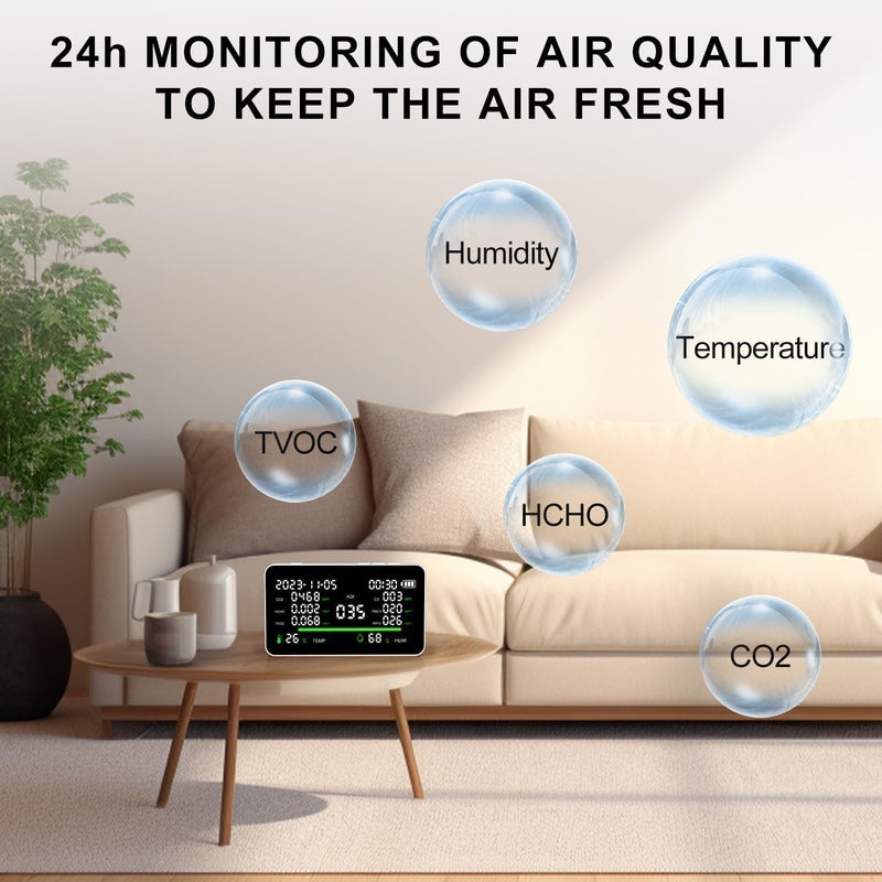 11-in-1 Air Quality Monitor, Indoor CO2/VOC/AQI/PM2.5/Thermometer/Humidity Monitor, Portable Smart Air Quality Meters, Air Quality Tester for Home Office Outdoor, Battery Powered (Black) Black