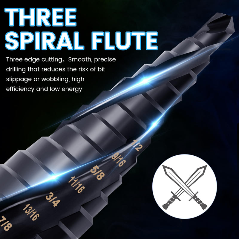 3PCS M35 Cobalt Step Drill Bit for Metal 1/8"-7/8" (34 Step), Three Spiral Flute Step Drill Bit Set & Automatic Center Punch, 1/4" Hex Shank Industrial Grade HSS Unibit Drill Bit for Wood 34 Step Size(1/8"-7/8")