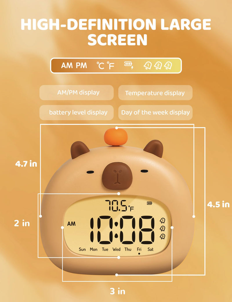 Capybara Kids Alarm Clock with Night Light, Digital Alarm Clock for Bedrooms, USB Rechargeable, 3 Alarms, Snooze, Cute Kawaii Clock for Desk & Back to School Gifts for Boys Girls Capybara
