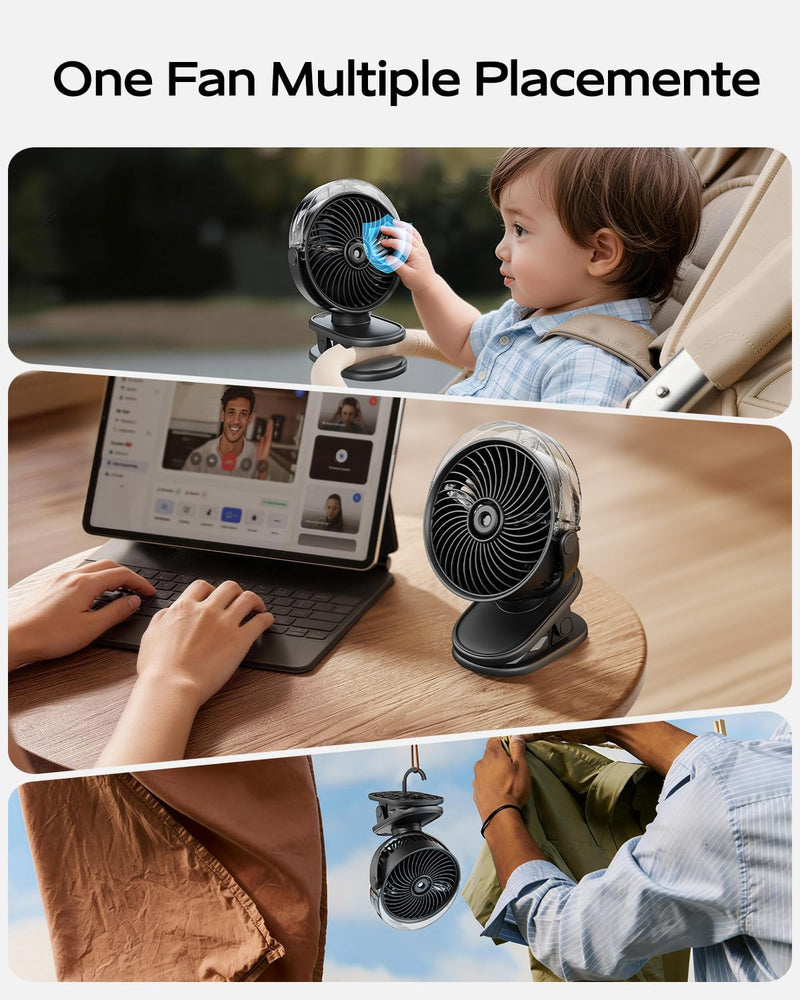 SWEETFULL Portable Misting Clip On Fan, USB-C Rechargeable Mini Personal Cooling Fan with 4 Speeds, 360° Rotatable, Quiet Cooling for Outdoor, Camping, Golf Cart, Travel, Stroller & Desk (Black) Black