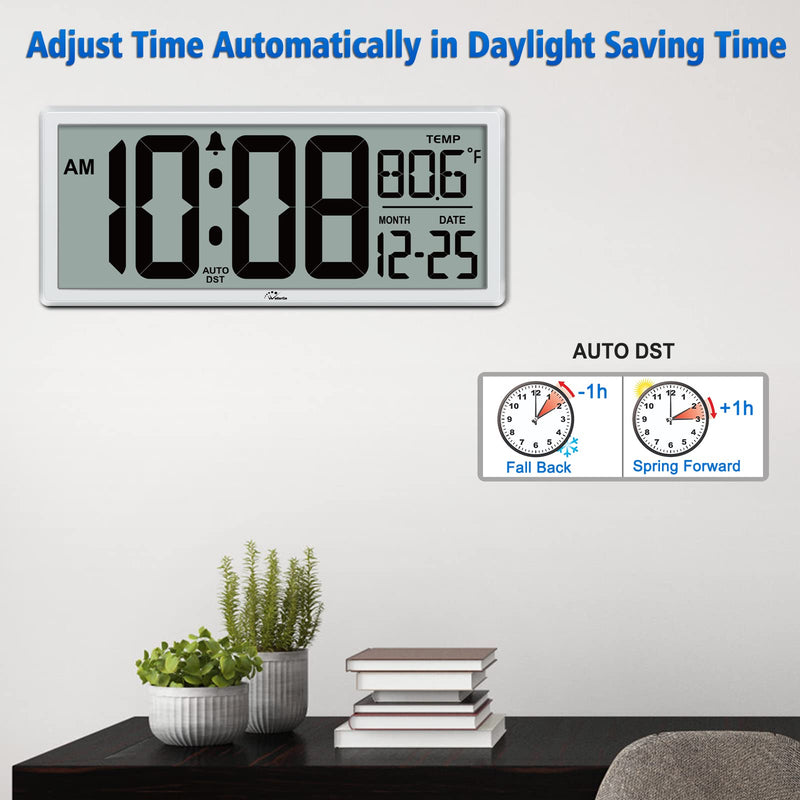 WallarGe 14.5'' Large Digital Wall Clock Battery Operated with Jumbo Numbers, Temperature and Date - Easy to Read and Set, Auto DST White