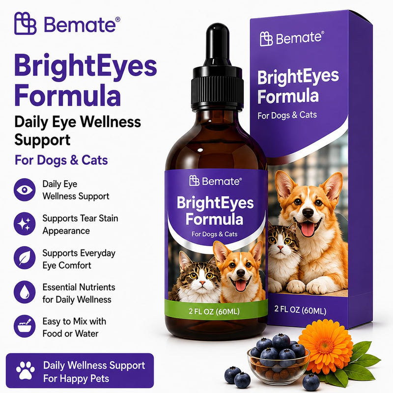 BrightEyes Liquid Eye Support Supplement for Dogs & Cats, Tear Stain & Eye Comfort Support, Herbal & Vitamin Formula, Easy to Mix Daily Liquid Drops, 2 fl oz