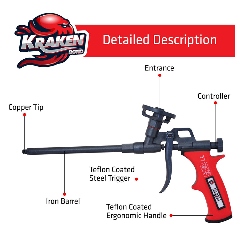 Kraken Bond PRO Spray Foam Gun - Professional Insulation for Window and Door Great Applicator for Caulking Sealing | Metal Body Covered Fully Teflon PTFE Nonstick | Foam&Cleaner NOT Included 1 Pack Spray Foam Gun Red