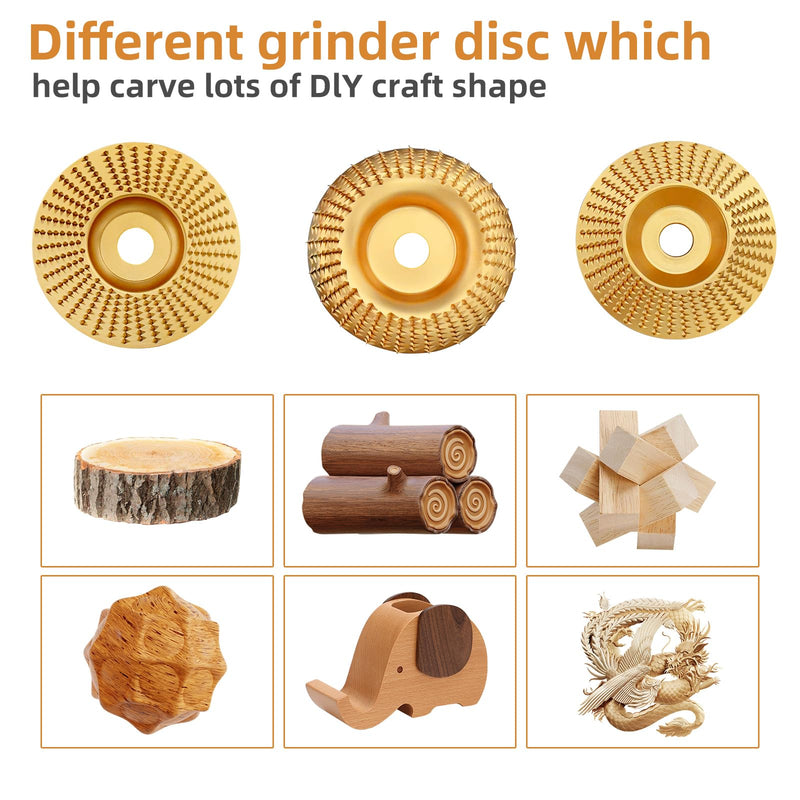 Angle Grinder Wood Disc Set,Three Pcs Wood Carve Kit, 4" and 1/2 with 5/8" Arbor for Angle Grinder, Wood Shaping Wheel, Stump Grinding Tools for Cutting,Grinding,Carving (3 PCS Carving Disc Set) 3 PCS Carving Disc Set