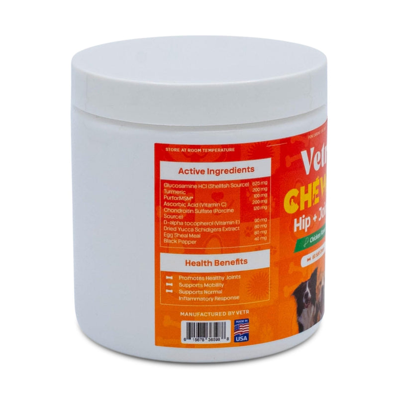 Vetr Hip and Joint Chicken Flavored Chews for Dogs - Glucosamine Chondroitin MSM Supplement - 60 Chewable Tablets - Vet-Formulated in USA