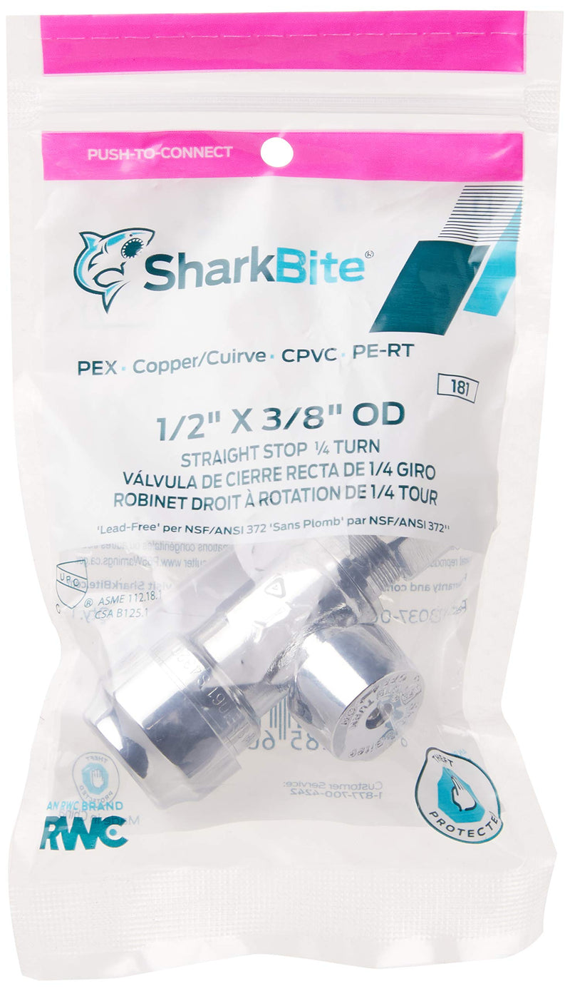 SharkBite 1/2 x 3/8 Inch Compression Straight Stop Valve, Quarter Turn, Push to Connect Brass Plumbing Fitting, PEX Pipe, Copper, CPVC, PE-RT, HDPE, 23037-0000LF 1/2 in. x 3/8 in.