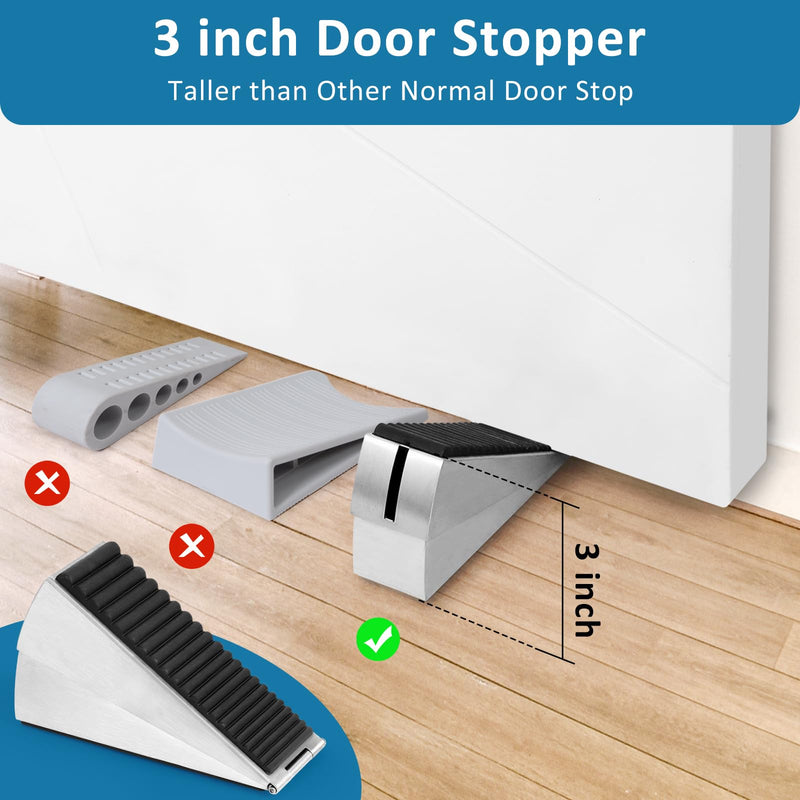 Heavy Duty Door Stopper, 2 Pack Adjustable Spring Large Door Stopper, 3 Inches High Tall Door Wedge Stoppers for Bottom of Door, Door Stop Suits Any Heavy Door Silver