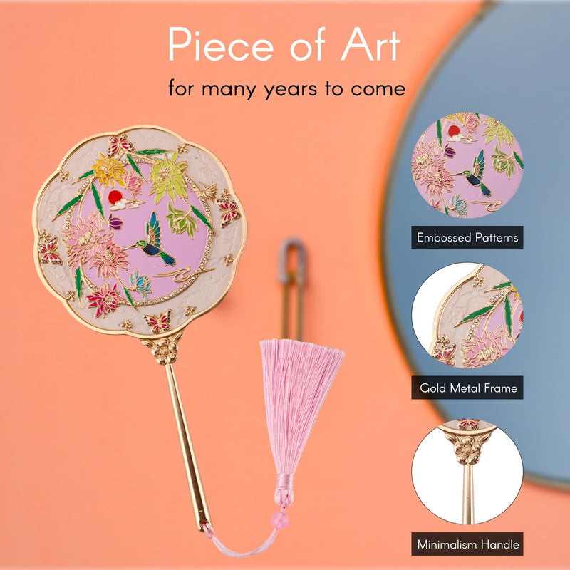 Hand Mirror, Handheld Mirror with Hummingbird Embossed Patterns, Elegant Metal Hand Craft Makeup Mirror, Beautiful Gift Value, Compact and Portable (Hummingbird Gold) Hummingbird Gold