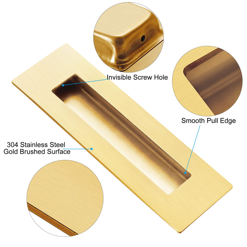 Malimali Recessed Finger Flush Pulls for Pocket, Sliding Barn Door - Brushed Gold Stainless Steel Rectangular Door Pulls (2 Pack) 6 Inch Stainless Steel Brushed Gold