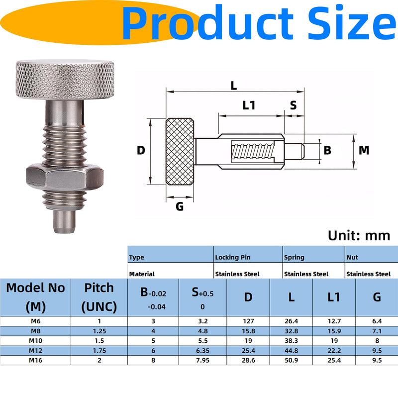 2Pcs M16 Stainless Steel Spring Plungers with Nuts - Hand Retractable, Knurled Handle, Quick Release Locking Pin