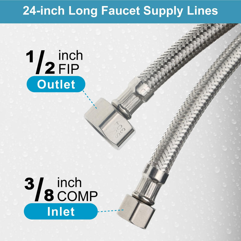 Midanya Faucet Supply Lines,24" Stainless Steel Braided Water Supply Line, 1/2" FIP x 3/8" COMP Faucet Hose, Faucet Hose Connector x 2 Pcs (1 Pair) 24 Inch
