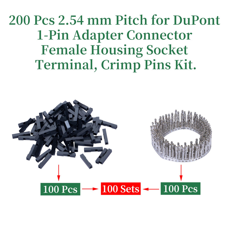 100 Sets / 200 Pieces for Dupont 2.54 mm Pitch 1-Pin Adapter Connector Female Housing Black Socket Terminal Compatible with Wires Cable 30-26 AWG Accessories, Header Crimp Pins Kit 1-Pin Female Black-Single Row