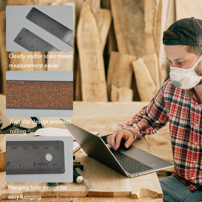 Stainless Steel Cork Back Metal Ruler, 6 Inch 12 Inch Straight Edge Cork Base Rulers, Metal Ruler Cork Backed, Stainless Steel Metal Ruler with Cork Backing, Non-Slip Straight Edge Rulers, 2 Pack