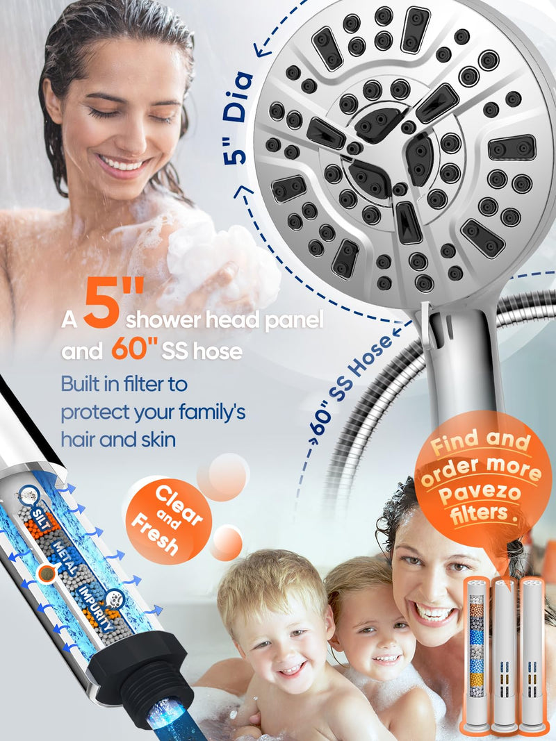Pavezo® High Pressure Shower Head Handheld 5" Large, Extra Long 60" SS Hose 10-mode Portable Detachable Shower Head with Hard Water Filter for Bathroom, Anti-clog & Powerful to Clean Tile & Pets Chrome