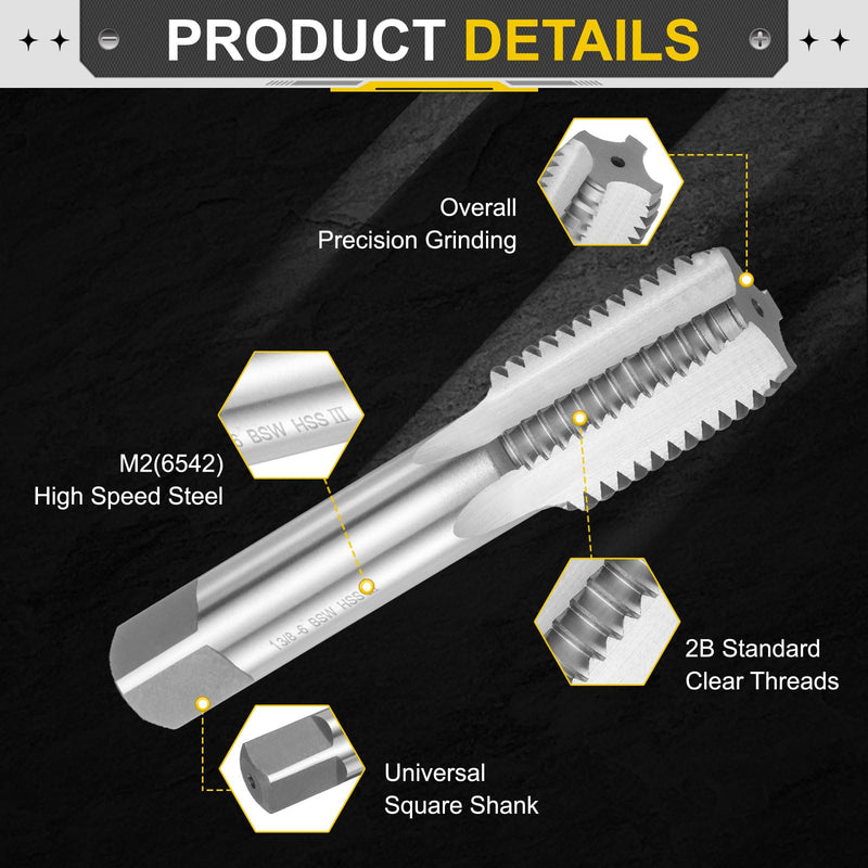uxcell Hand Bottom Tap 1"-3/8"-6 BSW 2B Thread Bottoming Style Threading Taps High Speed Steel HSS6542 Straight Flutes Screw Tapping Tool