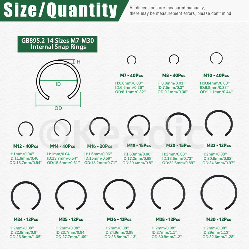 Keadic 322Pcs 10 Sizes Assorted 65Mn Steel Round Wire C Clips External Retaining Rings Set, M7 M8 M10 M12 M14 M16 M18 M20 M22 M24 M25 M26 M28 M30 C-Clips Snap Rings for Holes