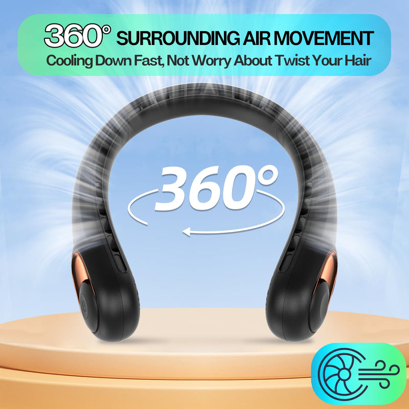 KIDEE Neck Fan, Portable Bladeless Neck Fans, Upgrade 360° Airflow, Super Quiet, 3 Speeds, 4000mAh Personal Wearable Neck Fan, Upgraded Cooling Air Volume USB Rechargeable Hands Free Fan Dark-black