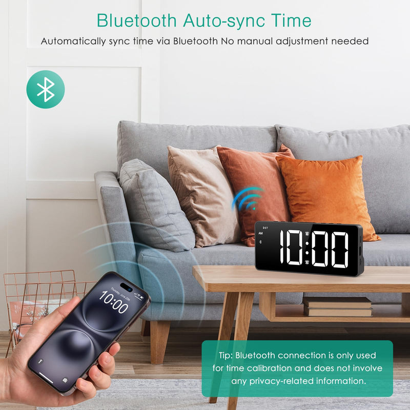 ORIA Digital Alarm Clock, LED Bedroom Clock with Bluetooth Sync Time, Auto Sync Time Alarm Clock, Adjustable Volume Brightness, Snooze, Rechargeable Large Display for Home Living Room