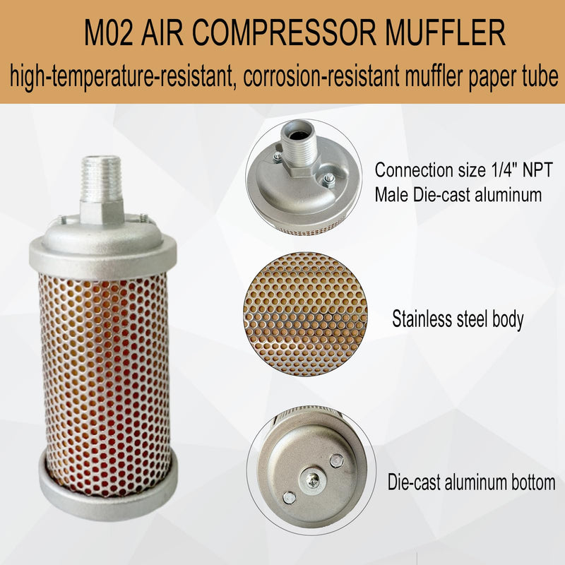M02 Air Compressor Muffler 1/4" NPT Male, Air Exhaust Silencer for Compressor Dryer Compressed Air Equipment and Systems, Single Chamber 145 PSI