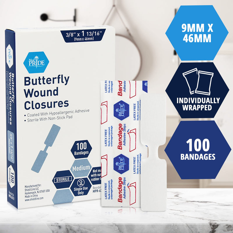 MED PRIDE Butterfly Wound Closures [Pack of 100 Butterfly Stitch Bandages]- Sterile Wound Closure Strips with Non-Stick Pad & Hypoallergenic Adhesive- Rubber/Latex Free for Cuts & Injuries Medium