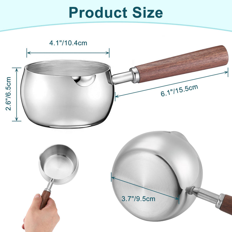 Milk Pot,500ML 17oz Stainless Steel Milk Butter Warmer Pot, Mini Sauce Pan | Milk Boiler with Wooden Handle, Heating Milk, Melting Butter, Warming Sauces