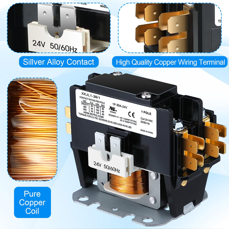 Carrier HVAC Motor Contactor, 1 Pole 24V Coil 30 Amp AC Contactor Furnace Replacement Relays, AC Definite Purpose Contactor Relays, Air Conditioner Condenser Compressor
