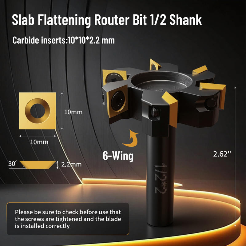 CNC Slab Flattening Router Bit, 1/2 Shank,Surfacing Bits 2" Cutting Dia. Carbide Insert Planer Bit for Spoilboard Flattening, Spoilboard Surfacing Router Bit, 6 Wings Carbide Insert 1/2" Shank, 2" Cutting Diameter,6 Wings