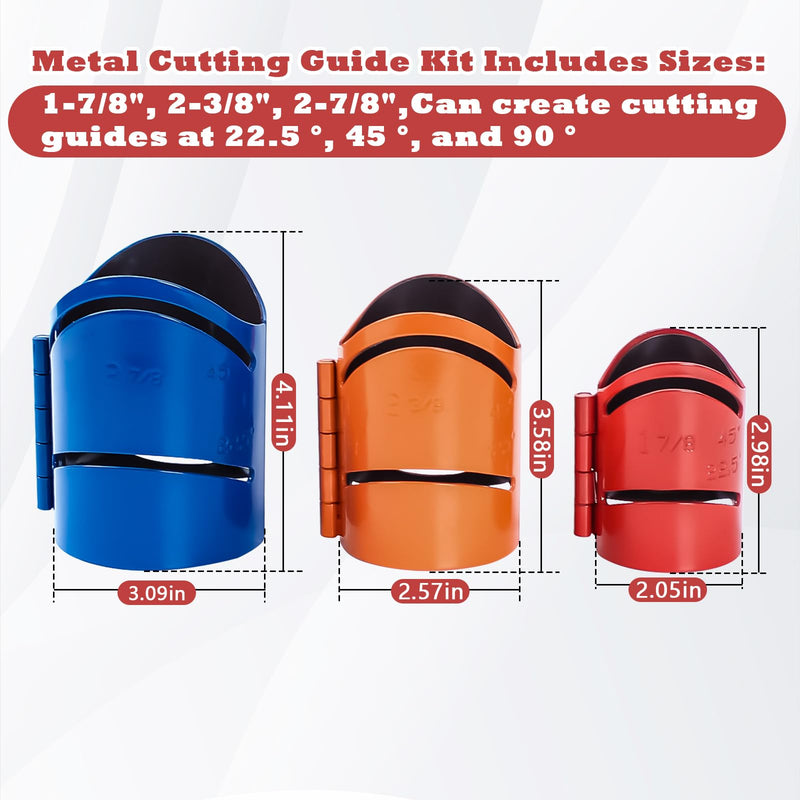 Metal Cutting Guide Kit Includes Sizes: 1-7/8", 2-3/8", 2-7/8" Pipe Cutting Guide Cuts at 45°, 90°, 22.5°, and Saddle Cut, Steel-3Pcs