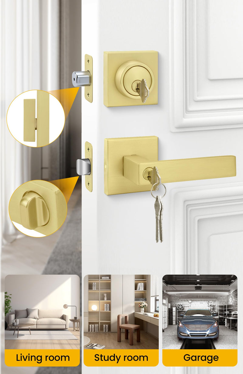 goldenwarm Exterior Door Lock Set Gold Front Door Lock Set, Heavy Duty Zinc-alloyed Front Door Handle and Deadbolt Set (1 Pack) 1 Pack