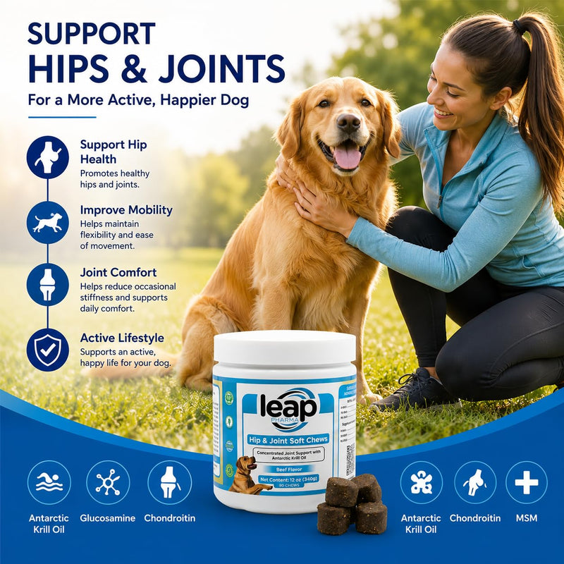Dogs Suplements Hip & Joint - Krill Oil and Glucosamine Soft Chews, Joint Supplement for Dogs with Krill Oil,Glucosamine, Chondroitin, MSM, Turmeric, Anti Inflammatory, Mobility (Beef 90ct)