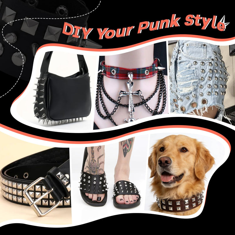 630 Pcs Punk Studs for Clothing, 10 Sizes Cone Spikes for Clothes, Square & Round Dome Pyramid Studs and Spikes, Leather Rivets Metal Spike for Crafts Bags Belts Shoes Caps Necklace Decor with Tools 01 630 Pcs Multi Sizes Silver Studs