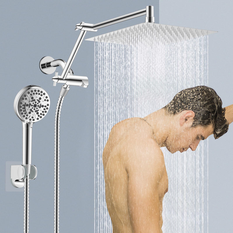 12” All Metal Rain Shower Head, High Pressure Rainfall Shower Head with Handheld Spray Combo, 5” Handheld Spray Powerful Clean 10-Mode, 16" Shower Extension Arm, 71" Hose, 3-Way Diverter, Chrome Square 12"