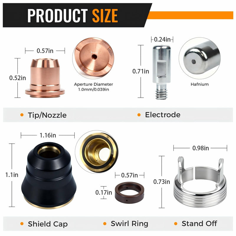 24pcs IPT40/S45 Plasma Cutter Accessories Torch Consumables for CUT-55DS Pro/CUT-65DS Plasma Cutting Equipment-Electrode PR0105/Nozzle Tip PD0102-10/ Shield Cap/Swirl Ring/Stand Off