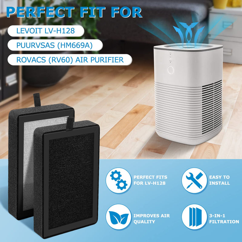 4 Pack LV-H128 Replacement Filter Compatible with LEVOIT LV-H128 / PUURVSAS (HM669A) / ROVACS (RV60) Air Purifier, 3-in-1 H13 Ture HEPA and Activated Carbon Filters, Replace Part #LV-H128-RF 128-4 Pack