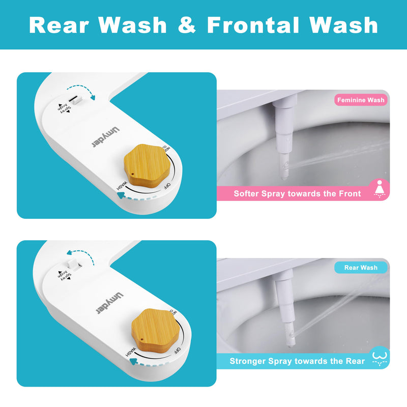 Bidet Attachments for Toilet Seat,Non-Electric Cold Wash Bidet,Adjustable Water Pressure&Spray Angle for Front&Rear Wash,Self-Cleaning Nozzle,Fits Elongated&Round Toilet,Bamboo Knob