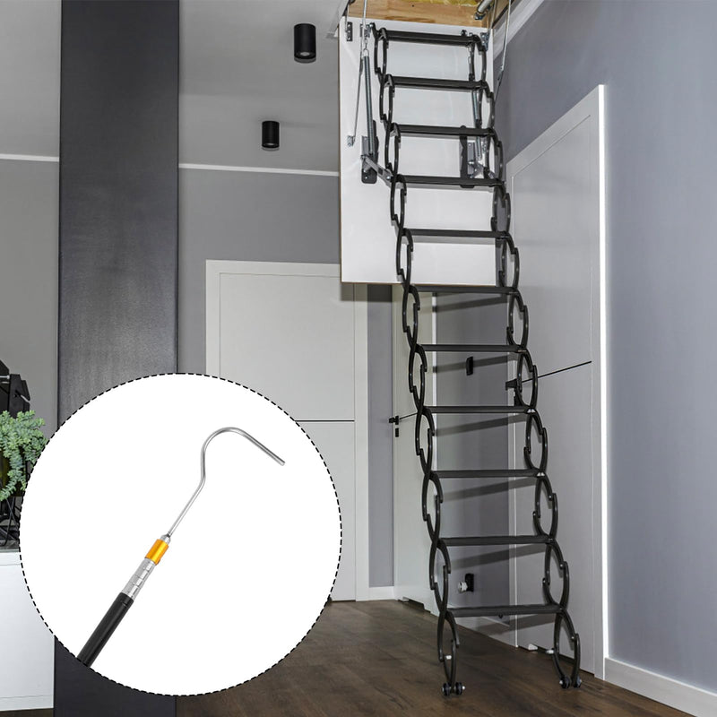 Ladder Pull Down System Kit, Attic Stairs Door Pull Replacement Set with Up to 64in Retractable Tie Rod with Hook M4 Screw Screw Nut Extension Pole and Copper Storage Hook Handle Part Tool Accessories