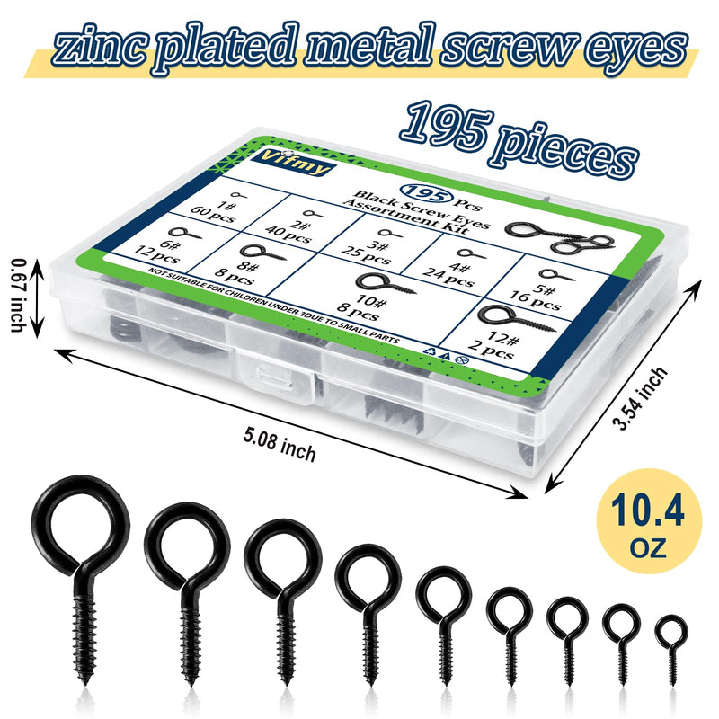 Screw Eyes Assortment Kit(195Pcs),0.75" 0.78" 0.90" 1" 1.1" 1.18" 1.39" 1.57" 1.75" Zinc Plated Eyelet Screws, Metal Small Tapping Screw Hooks Ring, Black Zinc Plated, 195pcs