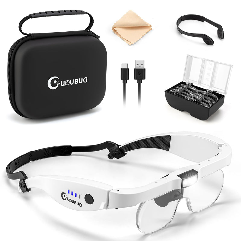 Magnifying Glass with Light, 1.5X-5.0X Magnifying Glasses, Rechargeable Magnifier Headset with Light, Head Magnifier with 4 Detachable Lenses, Magnify Glasses for Close Work Crafts Jewelry White Magnifying Glass With Carry Case
