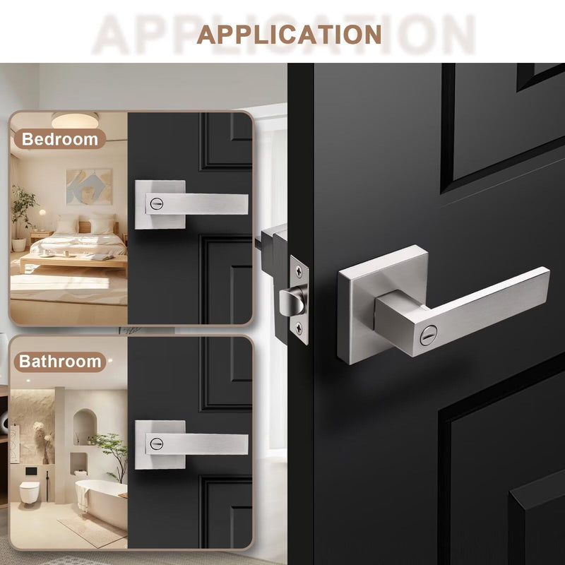 Satin Nickel Lever Door Handles, Privacy Door Handle with Lock, Interior Square Door Handle for Bathroom Bedroom 1 Satin Nickel