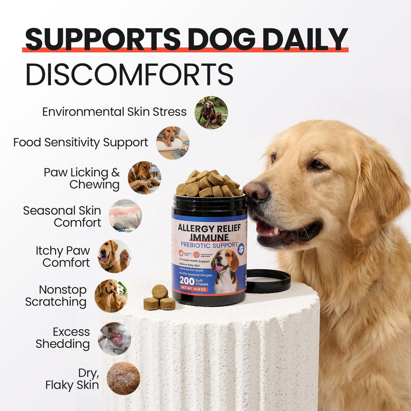 Dog Allergy Chews 200 Ct - Itch Relief for Dogs Immune Support with Colostrum Probiotics & Omega 3 - Seasonal Allergies Anti-Itch Skin & Coat Supplement, Itchy Skin & Paw Relief Bites - Chicken Flavor