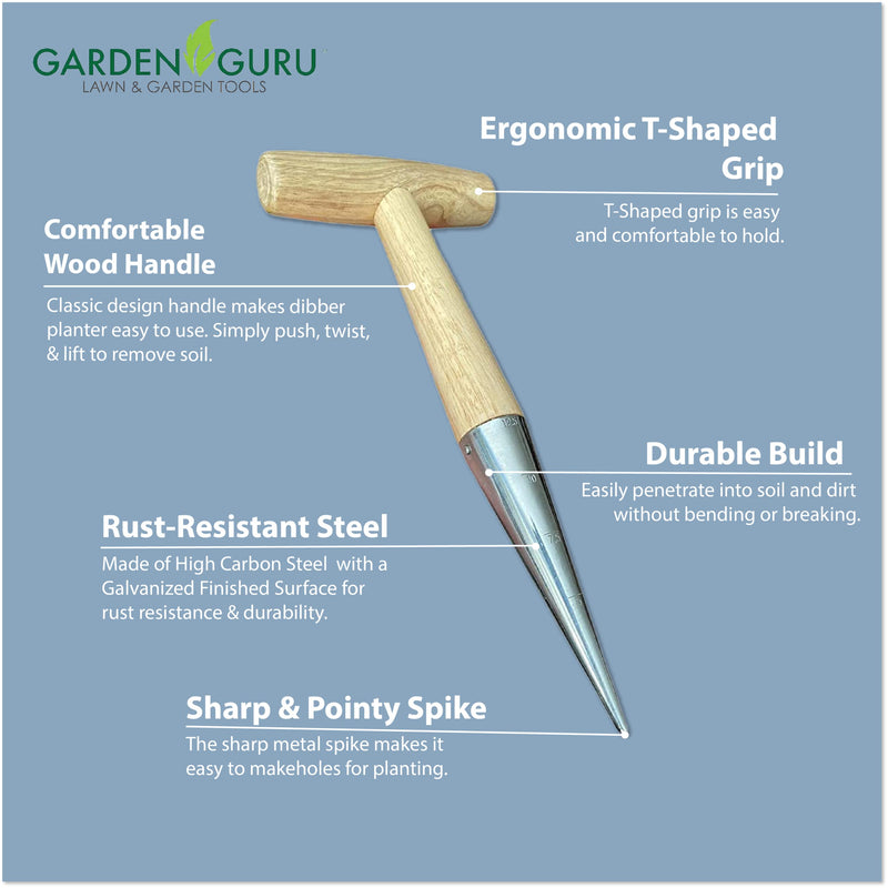 Garden Guru Steel Dibber Planter Tool for Planting Seeds & Bulbs - High Carbon Steel & Comfortable Wood Carved Handle - for Consistent Planting Flowers Tulips, Daffodils, Dahlias 1 Pack