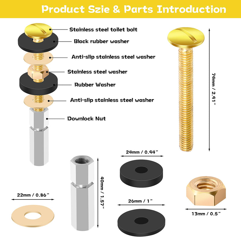 SelfTek 2Pcs Universal Toilet Seat Screws, Heavy Duty Toilet Seat Bolts Set with Extra Long Stainless Steel Downlock Nuts and Non-Slip Rubber Washers, Bathroom Toilet Seat Hardware, Easy to Instal Stainless Steel-2 Pack