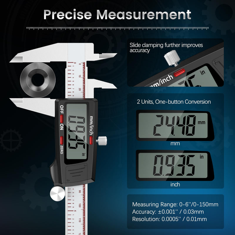 Digital Caliper 6 Inch, Caliper Measuring Tool with Large LCD Screen, Inch/MM, 4 Measuring Ways, Auto-Off LCD Stainless Steel Micrometer Vernier Caliper for Printing Jewelers Woodworkers Industry Industry-150mm