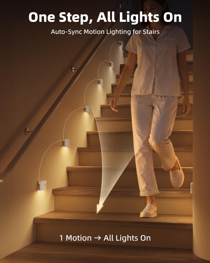 EZVALO 6 Pack Motion Sensor Night Lights, Sync LED Stair Lights Indoor, 1500mAh Rechargeable, Magnetic & Dimmable, 3000K Soft White, Portable Nightlight for Hallway, Stairs, Bathroom, Bedroom 6pack