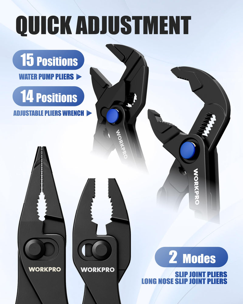 WORKPRO 4-Piece Mini Pliers Set with Pouch, Pocket Pliers Gift for Man | 4-Inch Plier Wrench, Slip Joint Plier, Water Pump Plier, 4.5-Inch Long Nose Slip Joint Plier, Alloy Steel, Anti-Rust Coating Black 4-Pieces Pliers Set